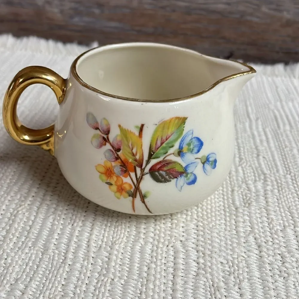Cream and Sugar Porcelain Set with Gold Leaf Trim and Floral Design